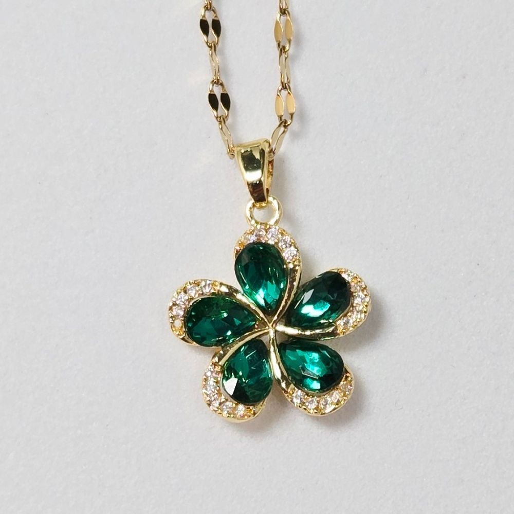 Emerald Green CZ Flower Necklace Gold Plated May Birthstone Floral Pendant Gift - Picture 4 of 9